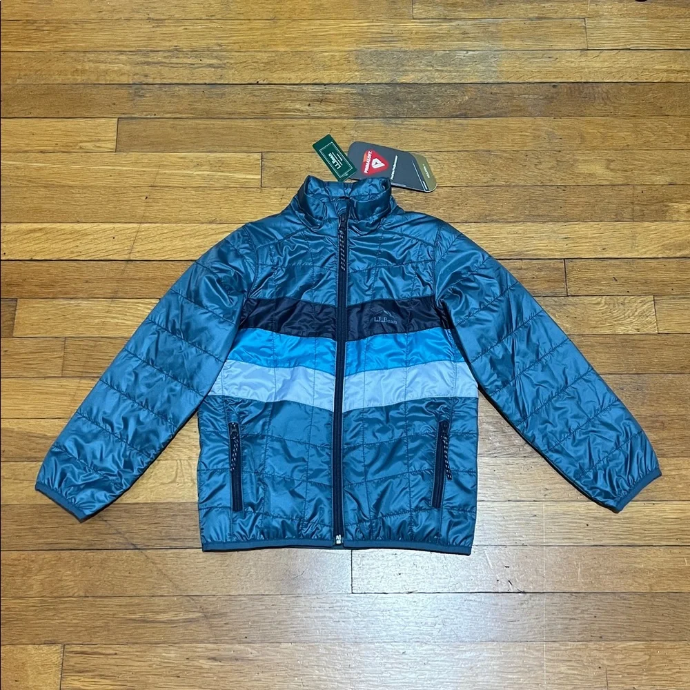 LL Bean PrimaLoft Packaway Jacket in Sail Blue Stripe, Kid’s size Medium